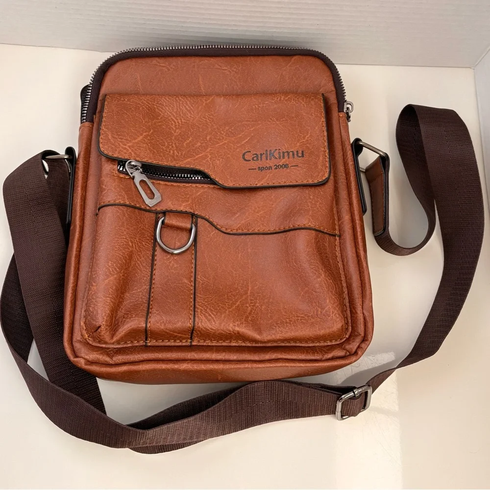 NWOT CarlKimu Brown Mens Crossbody Shoulder Bag Faux Leather Business Casual.